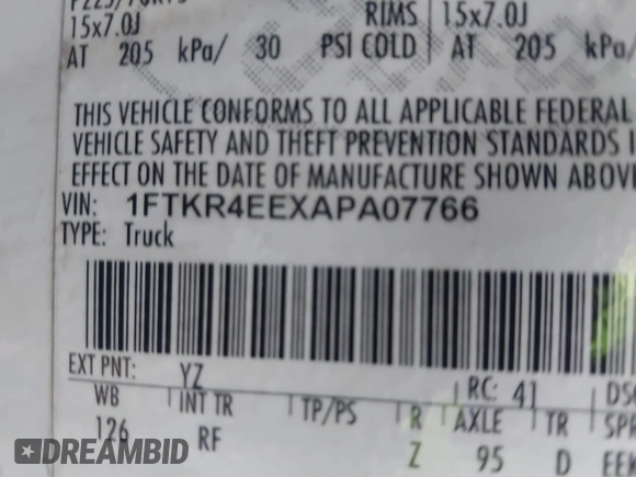 2010 Ford Ranger XLT с VIN 1FTKR4EEXAPA07766, выставлен на аукционе IAAI как лот 41237343 с пробегом Не указан миль и . История ставок и продаж доступна на DreamBid. Изображение 9.