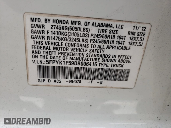 2013 Honda Ridgeline RTL with VIN 5FPYK1F59DB006416, listed as a Copart auction lot 74835924 with 129,374 mi miles and Salvage Title. Bid and sale history available at carsss.com. Image 13.
