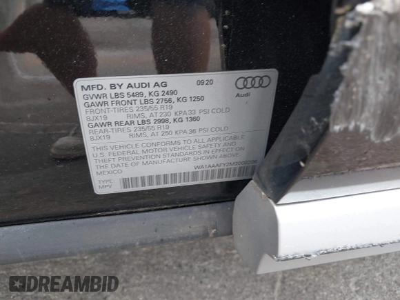 2021 Audi Q5 Premium with VIN WA1AAAFY2M2008206, listed as a IAAI auction lot 42129096 with 65,686 mi miles and . Bid and sale history available at DreamBid. Image 9.