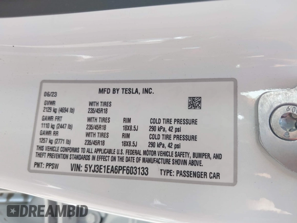 2023 Tesla Model 3 с VIN 5YJ3E1EA6PF603133, выставлен на аукционе IAAI как лот 42571373 с пробегом 15 486 миль миль и . История ставок и продаж доступна на DreamBid. Изображение 9.