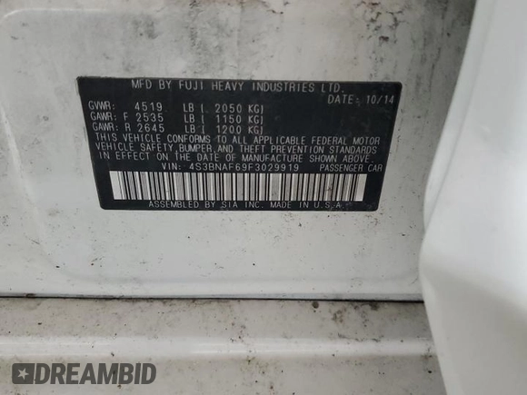 2015 Subaru Legacy Premium with VIN 4S3BNAF69F3029919, listed as a Copart auction lot 64006605 with Not provided miles and Salvage title. Bid and sale history available at DreamBid. Image 12.