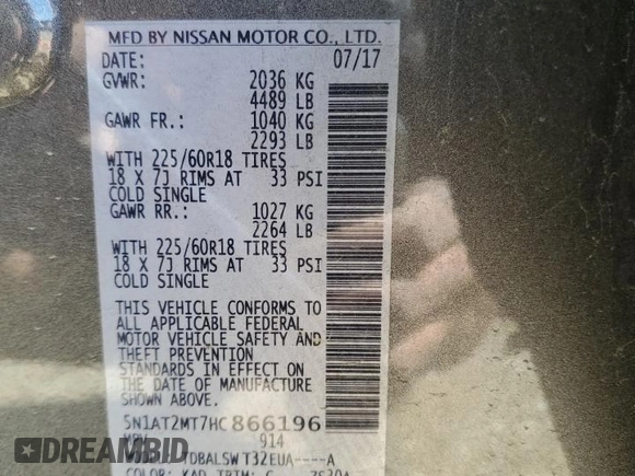 2017 Nissan Rogue SL с VIN 5N1AT2MT7HC866196, выставлен на аукционе Copart как лот 49302405 с пробегом 83 521 миль миль и Списание • Salvage title. История ставок и продаж доступна на DreamBid. Изображение 15.