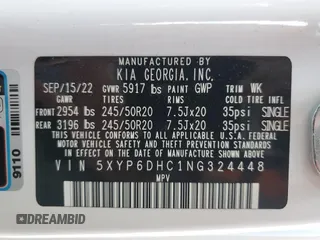 2022 Kia Telluride S with VIN 5XYP6DHC1NG324448, listed as a Copart auction lot 47869965 with 55,138 mi miles and Salvage Title. Bid and sale history available at DreamBid. Image 15.