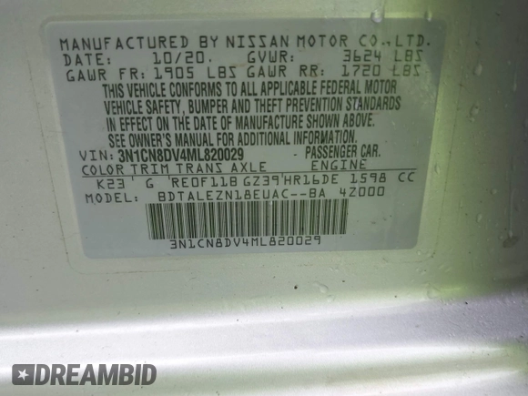 2021 Nissan Versa S with VIN 3N1CN8DV4ML820029, listed as a IAAI auction lot 42199581 with 109,743 mi miles and . Bid and sale history available at DreamBid. Image 9.