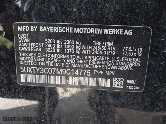 2021 BMW X3 sDrive30i with VIN 5UXTY3C07M9G14775, listed as a IAAI auction lot 41765728 with 54,612 mi miles. Bid and sale history available at carsss.com. Image 9.