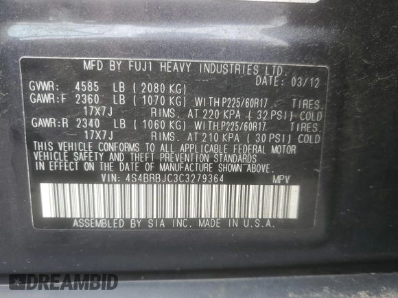 2012 Subaru Outback Limited with VIN 4S4BRBJC3C3279364, listed as a Copart auction lot 60079445 with 106,800 mi miles and Salvage title. Bid and sale history available at DreamBid. Image 13.
