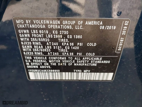 2019 Volkswagen Atlas 3.6L V6 SE w/Technology with VIN 1V2UR2CA0KC596900, listed as a IAAI auction lot 41653423 with 92,262 mi miles. Bid and sale history available at carsss.com. Image 9.