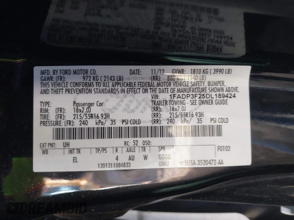 2013 Ford Focus SE with VIN 1FADP3F25DL189424, listed as a IAAI auction lot 42077200 with 135,180 mi miles and . Bid and sale history available at DreamBid. Image 9.
