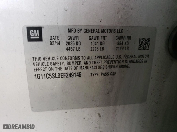 2014 Chevrolet Malibu LT with VIN 1G11C5SL3EF249146, listed as a Copart auction lot 51360535 with 135,665 mi miles and Salvage Title. Bid and sale history available at carsss.com. Image 13.
