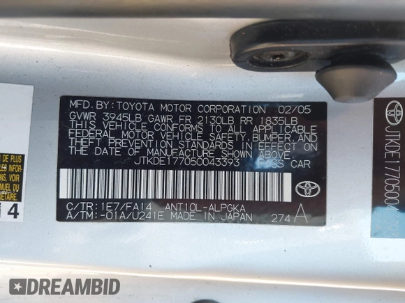 2005 Scion tC with VIN JTKDE177050043393, listed as a IAAI auction lot 41762368 with 170,244 mi miles. Bid and sale history available at carsss.com. Image 9.