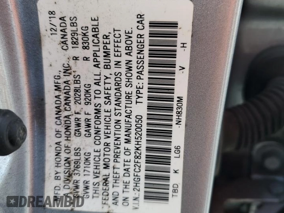 2019 Honda Civic Sport with VIN 2HGFC2F82KH520050, listed as a Copart auction lot 51368215 with 110,050 mi miles and Non Repairable. Bid and sale history available at DreamBid. Image 14.