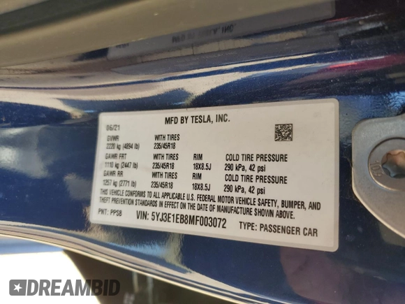 2021 Tesla Model 3 Long Range with VIN 5YJ3E1EB8MF003072, listed as a Copart auction lot 45596845 with 72,862 mi miles and Salvage Title. Bid and sale history available at DreamBid. Image 12.