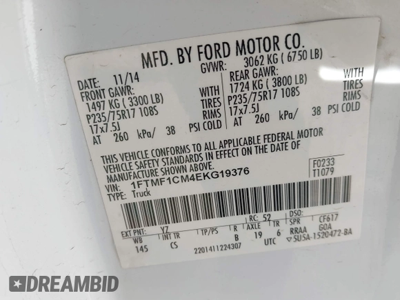 2014 Ford F-150 XL with VIN 1FTMF1CM4EKG19376, listed as a IAAI auction lot 40293792 with 362,075 mi miles. Bid and sale history available at carsss.com. Image 9.