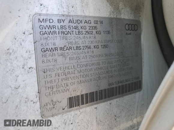 2014 Audi allroad Premium Plus with VIN WA1UFAFL6EA121585, listed as a Copart auction lot 49067365 with 119,789 mi miles and Salvage Title. Bid and sale history available at carsss.com. Image 14.