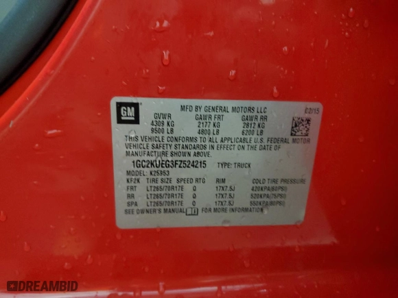 2015 Chevrolet Silverado 2500HD Built After Aug 14 Work Truck with VIN 1GC2KUEG3FZ524215, listed as a Copart auction lot 79967094 with 186,929 mi miles and Salvage Title. Bid and sale history available at carsss.com. Image 14.
