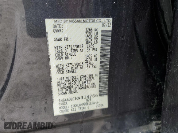 2012 Nissan Titan S with VIN 1N6AA0EC3CN314766, listed as a Copart auction lot 61780095 with 182,349 mi miles and Non repairable. Bid and sale history available at DreamBid. Image 12.
