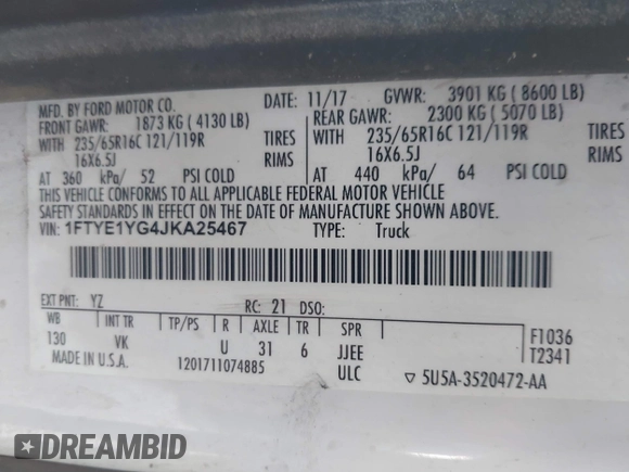 2018 Ford Transit Cargo with VIN 1FTYE1YG4JKA25467, listed as a IAAI auction lot 41738700 with 198,126 mi miles and . Bid and sale history available at DreamBid. Image 9.