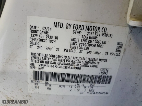 2014 Ford Edge Limited with VIN 2FMDK4KC5EBA49089, listed as a Copart auction lot 49583745 with 204,534 mi miles and Clean Title. Bid and sale history available at carsss.com. Image 13.