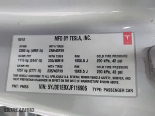 2018 Tesla Model 3 Long Range Battery with VIN 5YJ3E1EBXJF116906, listed as a IAAI auction lot 41913259 with 117,740 mi miles. Bid and sale history available at carsss.com. Image 9.