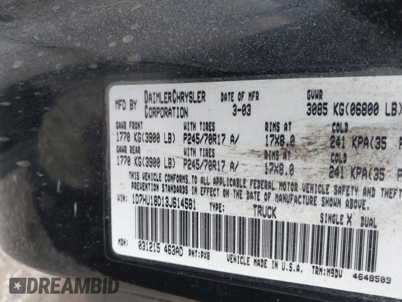 2003 Dodge 1500 ST z VIN 1D7HU18D13J614581, wystawiony jako IAAI lot #42306170 z przebiegiem 148 305 mil mil oraz . Historia ofert i sprzedaży dostępna na DreamBid. Obrazek 9.