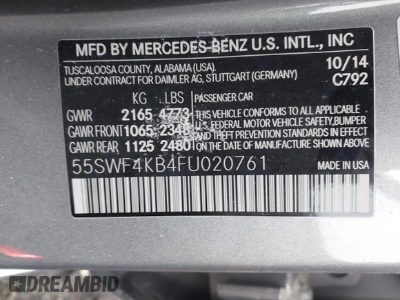 2015 Mercedes-Benz C-Class C 300 Luxury with VIN 55SWF4KB4FU020761, listed as a IAAI auction lot 41859583 with 112,885 mi miles. Bid and sale history available at carsss.com. Image 9.