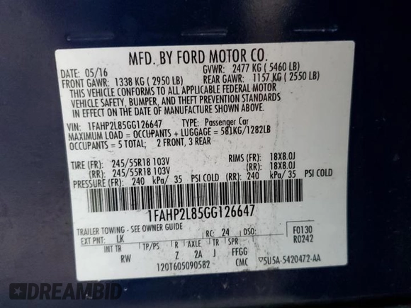 2016 Ford Police Interceptor with VIN 1FAHP2L85GG126647, listed as a Copart auction lot 73386964 with Not provided miles and Salvage title. Bid and sale history available at DreamBid. Image 13.