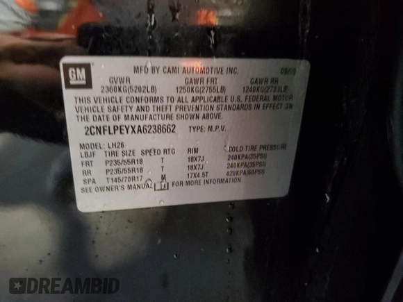 2010 Chevrolet Equinox 2LT with VIN 2CNFLPEYXA6238662, listed as a Copart auction lot 55148105 with 167,849 mi miles and Salvage Title. Bid and sale history available at DreamBid. Image 13.