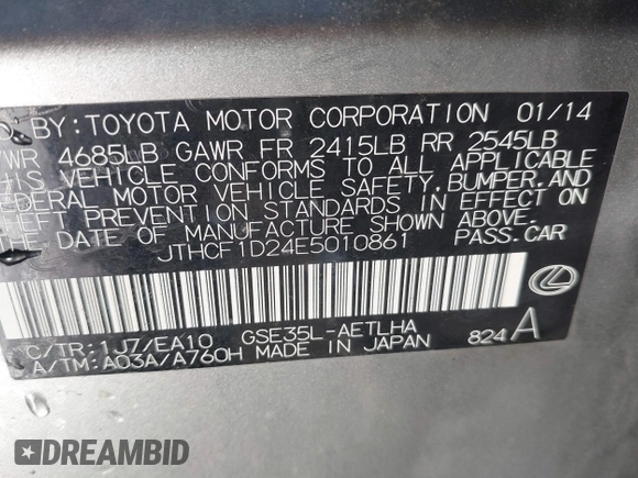 2014 Lexus IS 250 with VIN JTHCF1D24E5010861, listed as a IAAI auction lot 41686598 with 124,675 mi miles. Bid and sale history available at carsss.com. Image 9.