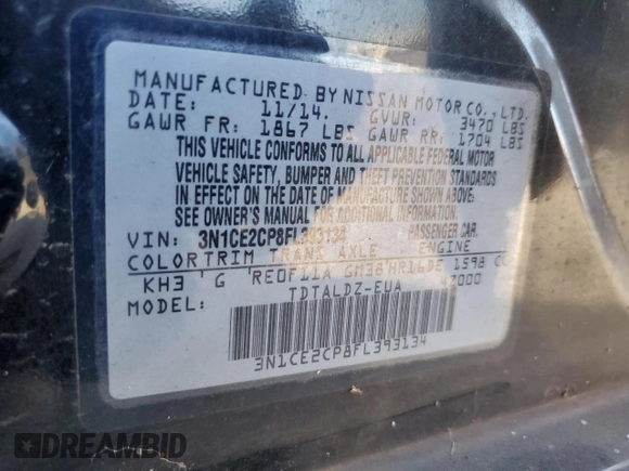 2015 Nissan Note SV with VIN 3N1CE2CP8FL393134, listed as a Copart auction lot 45042285 with 55,976 mi miles and Salvage Title. Bid and sale history available at DreamBid. Image 14.