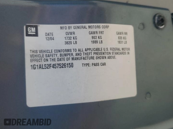 2005 Chevrolet Cobalt LS with VIN 1G1AL52F457526150, listed as a Copart auction lot 54312855 with Not Provided miles and Salvage Title. Bid and sale history available at DreamBid. Image 12.