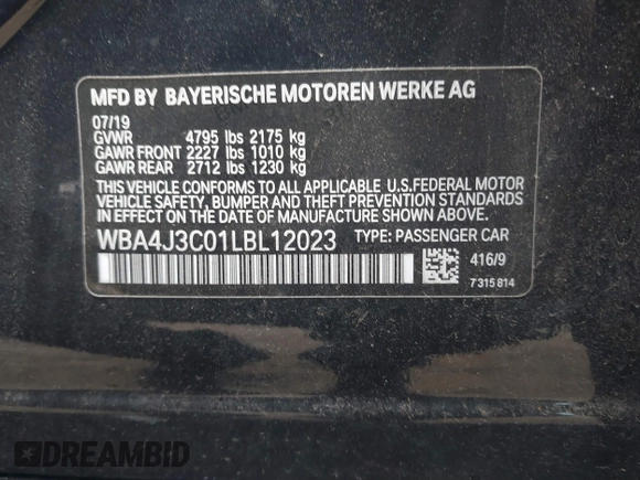2020 BMW 4 Series 430i xDrive z VIN WBA4J3C01LBL12023, wystawiony jako IAAI lot #41844292 z przebiegiem 19 923 mil mil oraz . Historia ofert i sprzedaży dostępna na DreamBid. Obrazek 9.