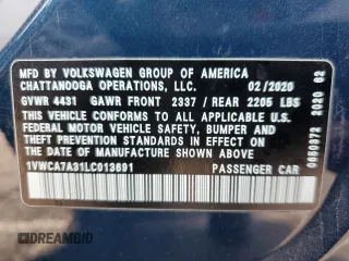 2020 Volkswagen Passat 2.0T SEL with VIN 1VWCA7A31LC013691, listed as a Copart auction lot 43266825 with 44,561 mi miles and Salvage Title. Bid and sale history available at carsss.com. Image 13.