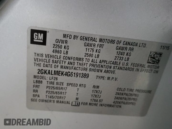 2016 GMC Terrain SLE with VIN 2GKALMEK4G6191389, listed as a Copart auction lot 53602605 with 112,435 mi miles and Clean Title. Bid and sale history available at DreamBid. Image 13.