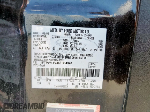 2006 Ford F-150 XLT with VIN 1FTPW14V46FB64348, listed as a Copart auction lot 61654675 with 274,017 mi miles and Salvage title. Bid and sale history available at DreamBid. Image 12.