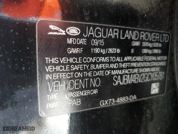 2016 Jaguar XF S with VIN SAJBM4BV2GCY05781, listed as a Copart auction lot 52894265 with 68,346 mi miles and Salvage Title. Bid and sale history available at carsss.com. Image 13.