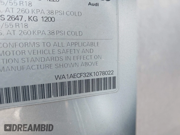 2019 Audi Q3 Premium with VIN WA1AECF32K1078022, listed as a IAAI auction lot 41365692 with 60,756 mi miles and . Bid and sale history available at DreamBid. Image 9.