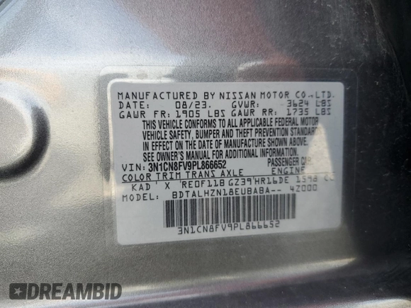 2023 Nissan Versa SR z VIN 3N1CN8FV9PL866652, wystawiony jako Copart lot #60714205 z przebiegiem 31 997 mil mil oraz Nie do naprawy • Non repairable. Historia ofert i sprzedaży dostępna na DreamBid. Obrazek 13.