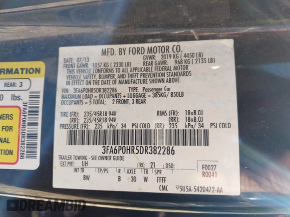 2013 Ford Fusion SE with VIN 3FA6P0HR5DR382286, listed as a IAAI auction lot 42027498 with 191,366 mi miles. Bid and sale history available at carsss.com. Image 9.