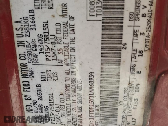 1990 Ford F-150 "S" with VIN 1FTDF15Y1LNA68934, listed as a Copart auction lot 68688834 with 64,274 mi miles and Salvage Title. Bid and sale history available at carsss.com. Image 14.