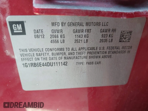 2013 Chevrolet Volt with VIN 1G1RB6E44DU111142, listed as a IAAI auction lot 41784615 with 143,359 mi miles and . Bid and sale history available at carsss.com. Image 9.
