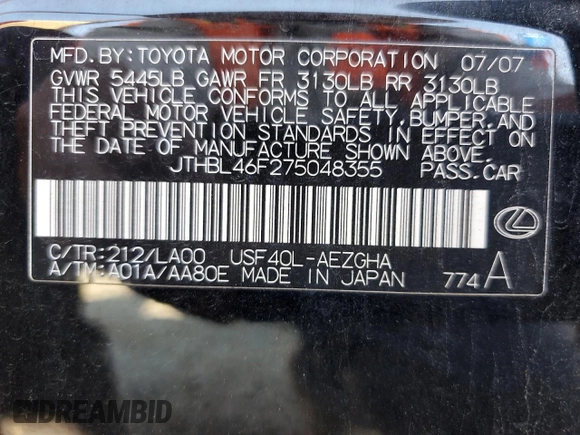 2007 Lexus LS 460 with VIN JTHBL46F275048355, listed as a Copart auction lot 62407725 with 206,881 mi miles and Clean title. Bid and sale history available at DreamBid. Image 12.