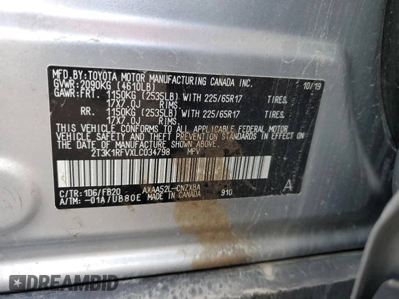 2020 Toyota RAV4 LE with VIN 2T3K1RFVXLC034798, listed as a Copart auction lot 44111085 with 42,011 mi miles and Clean Title. Bid and sale history available at DreamBid. Image 13.
