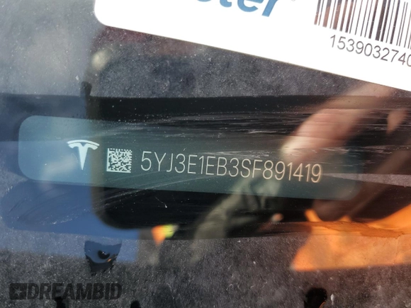 2025 Tesla Model 3 Long Range with VIN 5YJ3E1EB3SF891419, listed as a Copart auction lot 43178755 with Not Provided miles and Salvage Title. Bid and sale history available at DreamBid. Image 12.