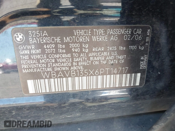 2006 BMW 3 Series 325i with VIN WBAVB135X6PT14717, listed as a IAAI auction lot 42077681 with 180,979 mi miles. Bid and sale history available at carsss.com. Image 9.