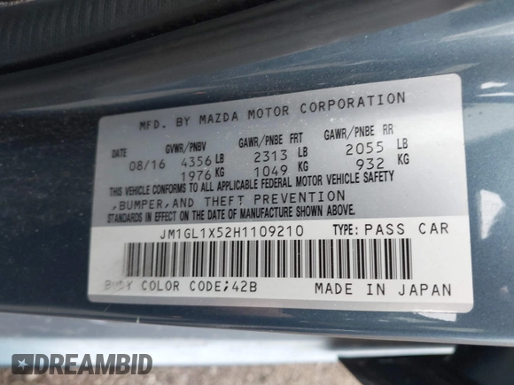 2017 Mazda 6 Grand Touring with VIN JM1GL1X52H1109210, listed as a IAAI auction lot 41738041 with 127,585 mi miles. Bid and sale history available at carsss.com. Image 9.
