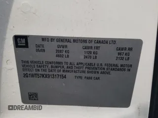 2009 Chevrolet Impala LT with VIN 2G1WT57KX91317154, listed as a Copart auction lot 52609555 with 185,582 mi miles and Salvage Title. Bid and sale history available at DreamBid. Image 12.