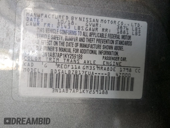 2019 Nissan Sentra S with VIN 3N1AB7AP1KY259188, listed as a Copart auction lot 54193535 with 120,948 mi miles and Clean Title. Bid and sale history available at carsss.com. Image 12.