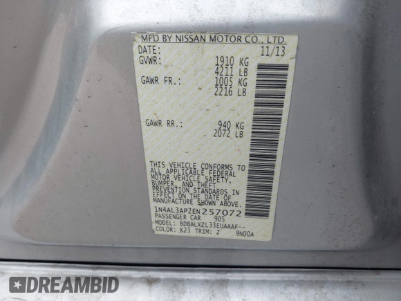 2014 Nissan Altima S with VIN 1N4AL3AP2EN257072, listed as a IAAI auction lot 42067633 with 107,446 mi miles and . Bid and sale history available at DreamBid. Image 9.