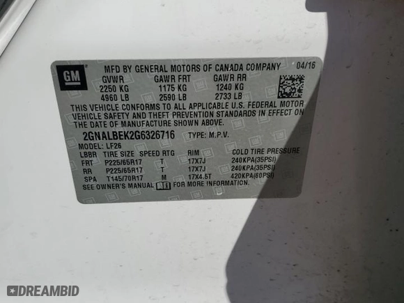 2016 Chevrolet Equinox LS with VIN 2GNALBEK2G6326716, listed as a Copart auction lot 43507475 with 98,806 mi miles and Clean Title. Bid and sale history available at carsss.com. Image 15.