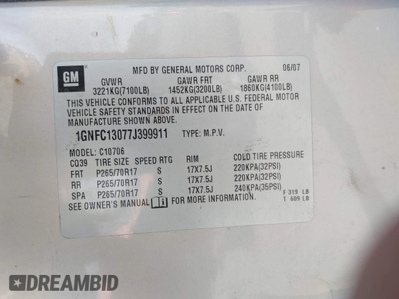 2007 Chevrolet Tahoe LTZ with VIN 1GNFC13077J399911, listed as a IAAI auction lot 41141878 with Not provided miles and . Bid and sale history available at DreamBid. Image 9.